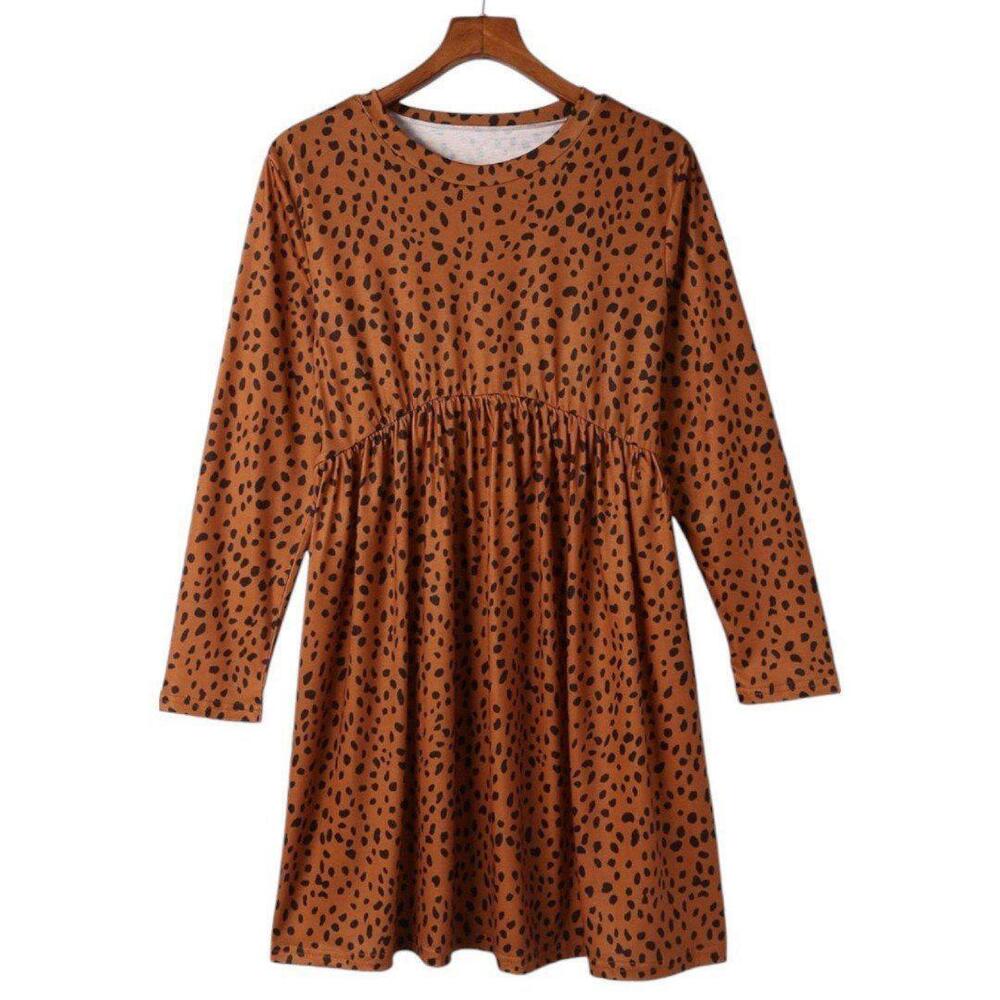 Women's XL Fashion Leopard Print Crew Neck High Waist Long Sleeve Loose Dress